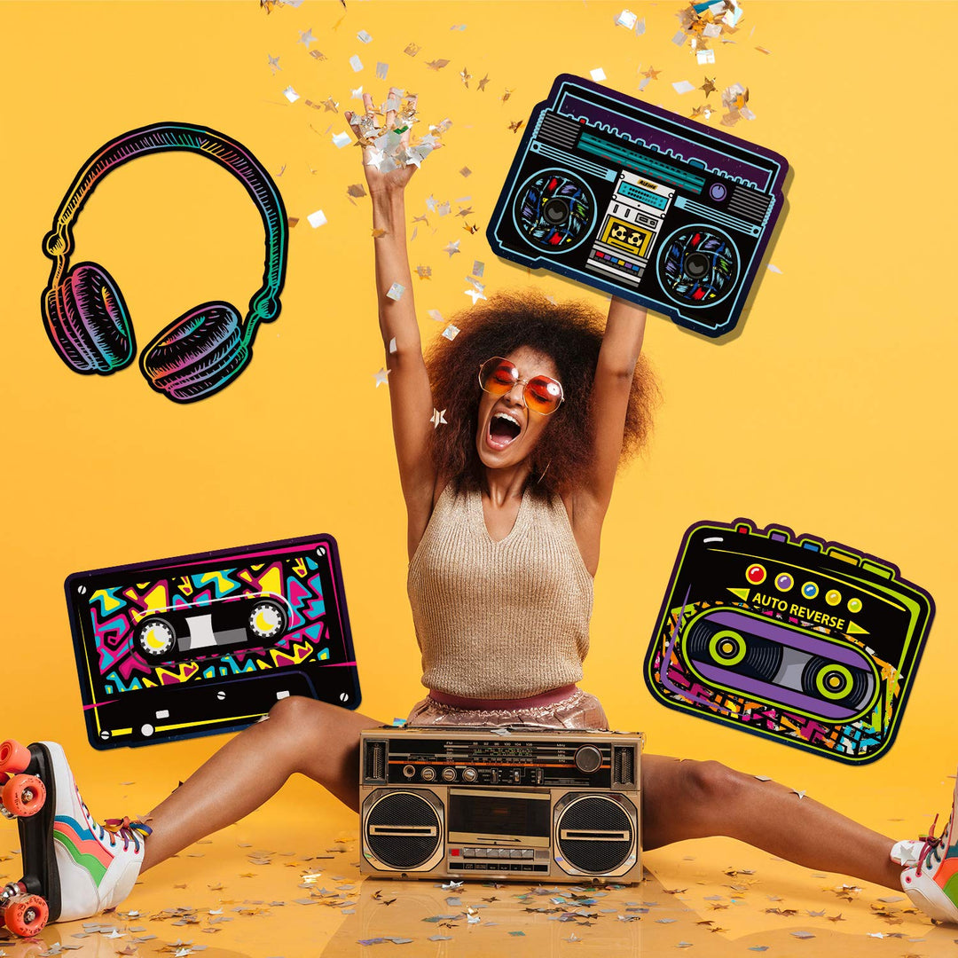 80's Cutouts Decorations, Includes Cassette Player Cutouts Headphones Cutouts Radio Cutouts for 1970s Party Decorations 80's Theme Party Wall Stickers Decorating Kit Retro Design (24 Pieces)