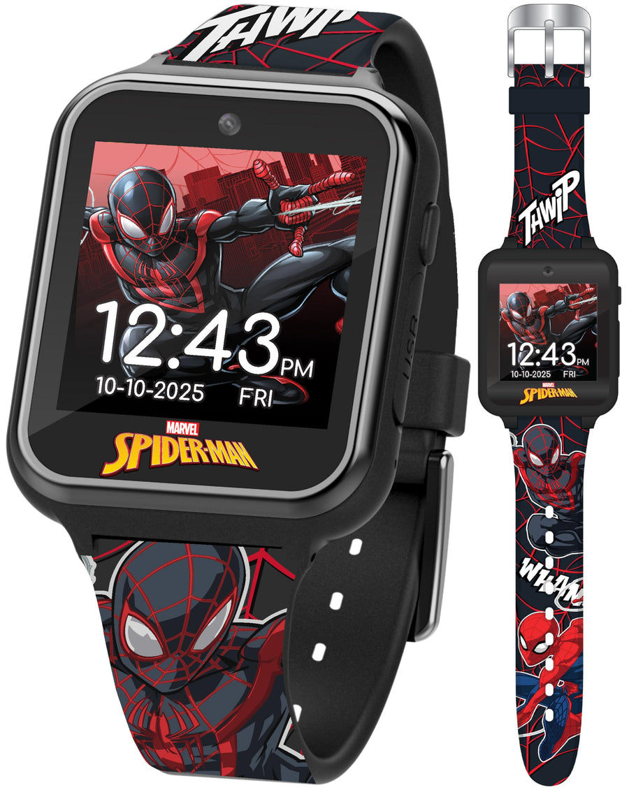 Accutime Kids Spider-Man Miles Morales Black Educational Touchscreen Smart Watch Toy for Boys, Girls, Toddlers - Selfie Cam, Learning Games, Alarm, Pedometer & More (Model: SPD4664AZ)
