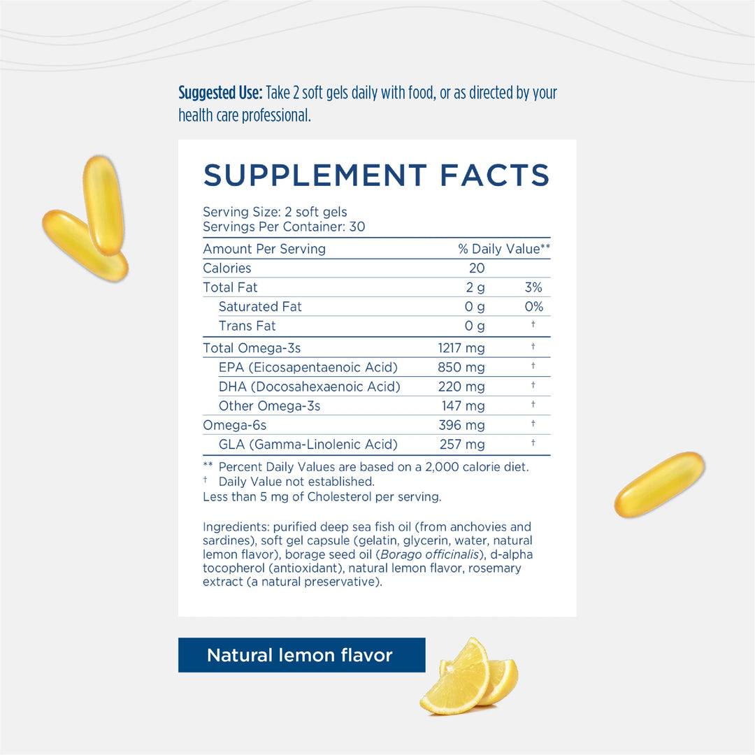 Nordic Beauty Omega-3 + Borage Oil, Natural Lemon-Flavored - 60 Soft Gels - Fish Oil Supplement for Skin Health and Hydration - Non-GMO - 30 Servings