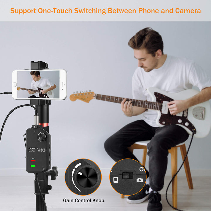 LINKFLEX AD2 XLR/ 6.35mm Audio Preamp Adapter with 48V Phantom Power, Real-time Monitoring, Guitar Interface Microphone Preamp for iPhone, iOS, Android, Tablet and DSLR Cameras