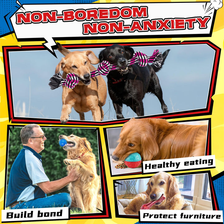 12 Pack Heavy Duty Various Dog Chew Toys Pack for Aggressive Chewers - Includes Large Rope Toy, Squeaky Toys & Indestructible Chew Bone for Medium, Large & X-Large Breeds Dogs