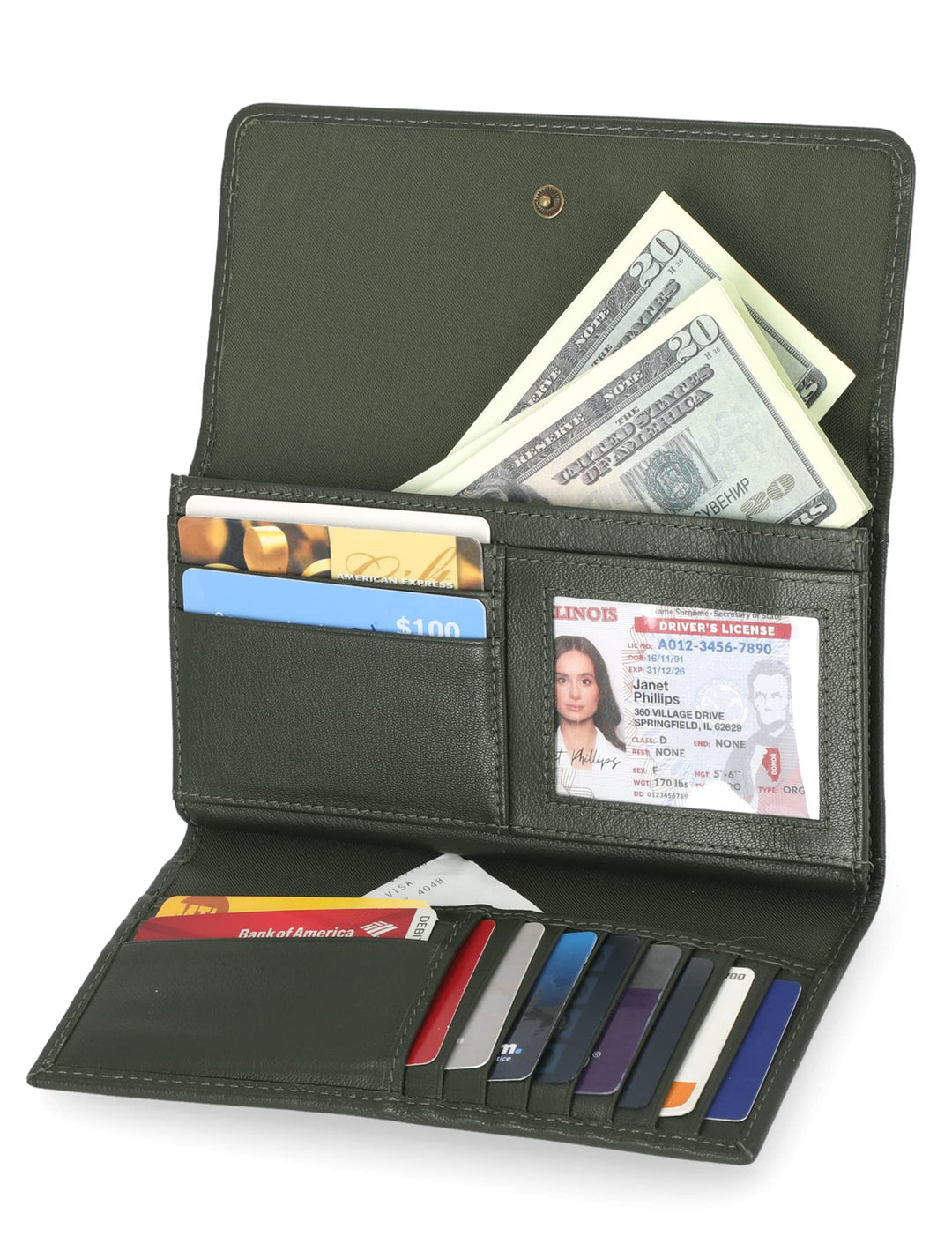 Leather RFID Flap Wallet Clutch Organizer, Grape Leaf