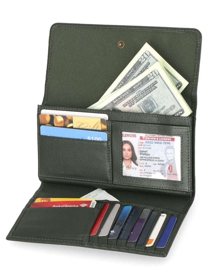 Leather RFID Flap Wallet Clutch Organizer, Grape Leaf