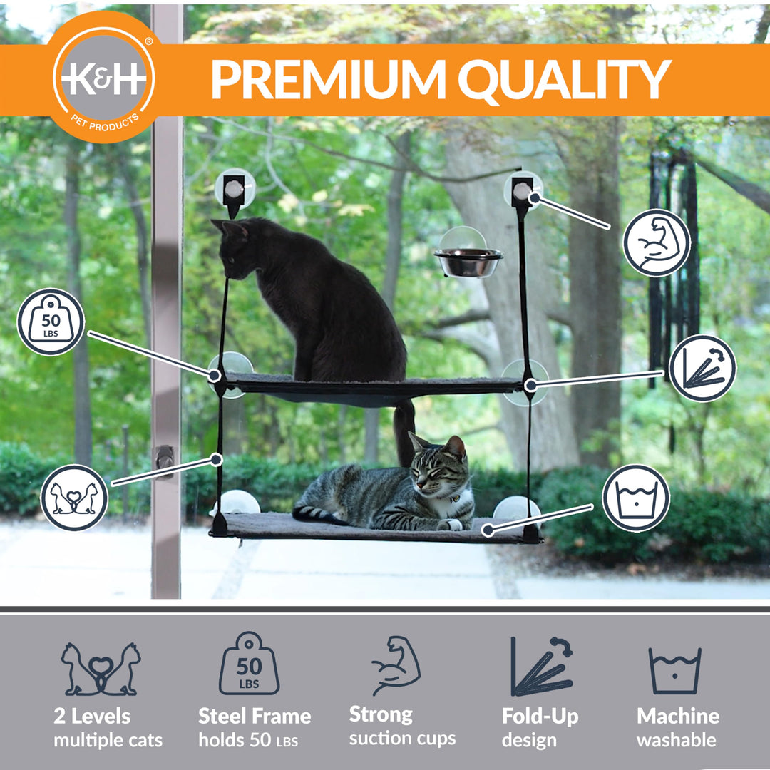 K&H Pet Products EZ Mount Double Stack Cat Window Perch for Large Cats, Sturdy Window Hammock Bed, Steel Frame, Sturdy Suction Cups, 2 Washable Shelf Covers, Foldable - Fits 27W X 31H Glass Spaces