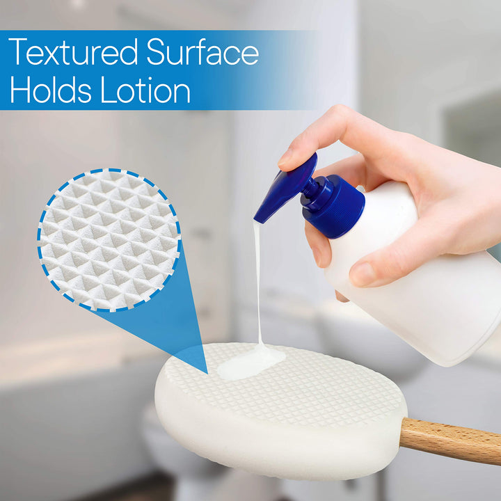 17.5 Long Lotion Applicator with 4 Pads - Long Handle for Easy Reach and Self Application of Body Wash - Shower Brush for Both Men and Women (Travel Bag Included)