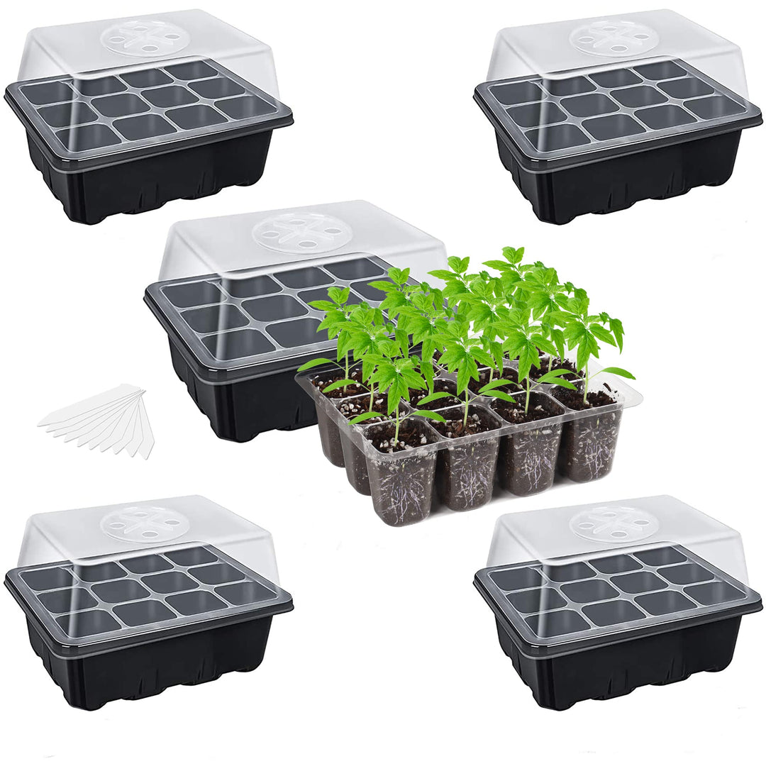 5-Pack Seed Starter Tray Seedling Kits,Plant Starter Kit with Adjustable Humidity Dome and Base Indoor Greenhouse Mini Propagator for Seeds Growing Starting (12 Cells per Tray,Black)