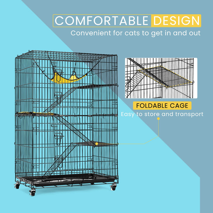 4-Tier 49 Inch Collapsible Metal Cat Kitten Ferret Cage 360° Rotating Casters Enclosure Pet Playpen with Ramp Ladders Hammock and Bed Black