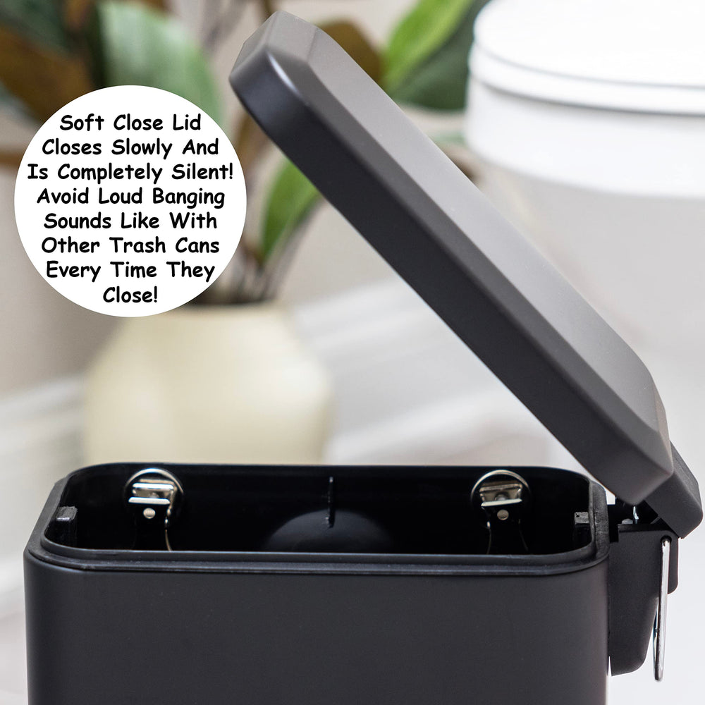 Soft Close, Slim Trash Can 1.6 Gallon with Anti - Bag Slip Liner and Lid, Use as Mini Garbage Basket, Slim Dust Bin, or Decor in Bathroom, Restroom, Kitchen, or Bedroom (Matte Black)