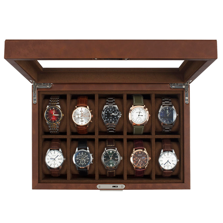 Watch Box, Luxury 10 Slot Watch Case with 55MM Wide Velvet Pillows, Watch Organizer Storage with Real Glass Lid, Watch Display Case for Men and Women Gift, Brown