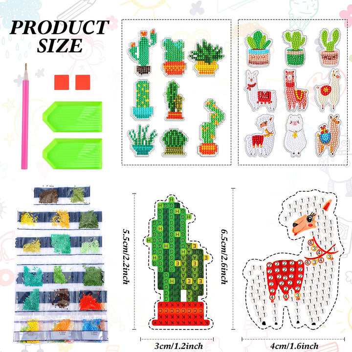 17 Pieces Llama Cactus Diamond Painting Stickers Kids 5D Gem Dots Painting Kits Diamond Art Decals DIY Mosaic Art Stickers Painting