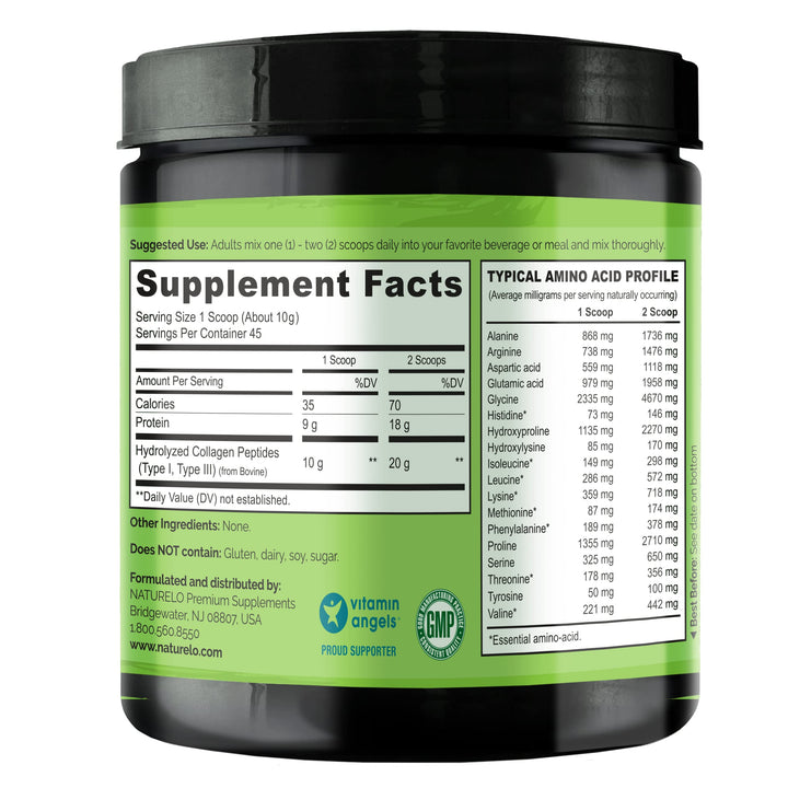 Collagen Peptide Powder, Hydrolyzed Collagen Type I & III, Skin Hair & Joint Health - Unflavored, 16 Ounces | 45 Servings