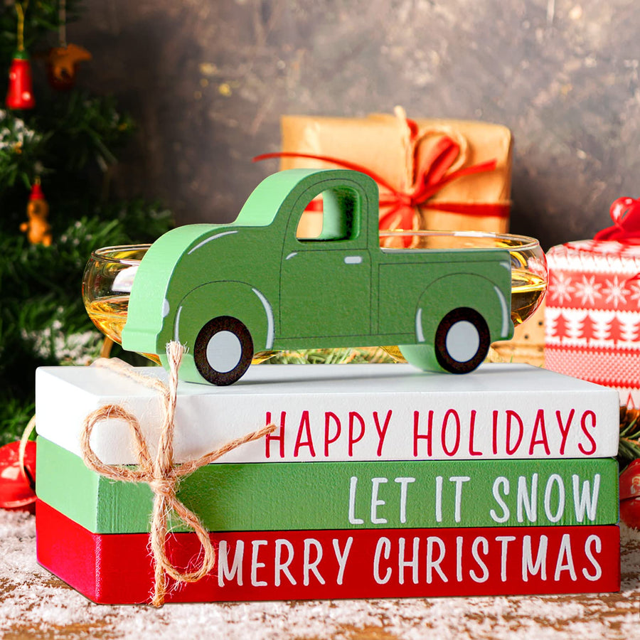 4 Pcs Christmas Tiered Tray Decor Red Truck Christmas Decor Mini Faux Book Decor Christmas Truck Gift Farmhouse Christmas Decoration Christmas Truck Signs for Christmas Home Table Decor