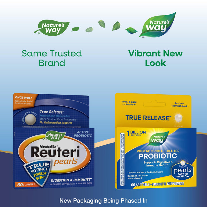 Nature's Way Primadophilus Reuteri Probiotic Pearls for Men and Women, Digestive and Immune Health*, 1 Billion Culture, 4 Probiotic Strains, Survives Stomach Acid, 60 Softgels (Packaging May Vary)