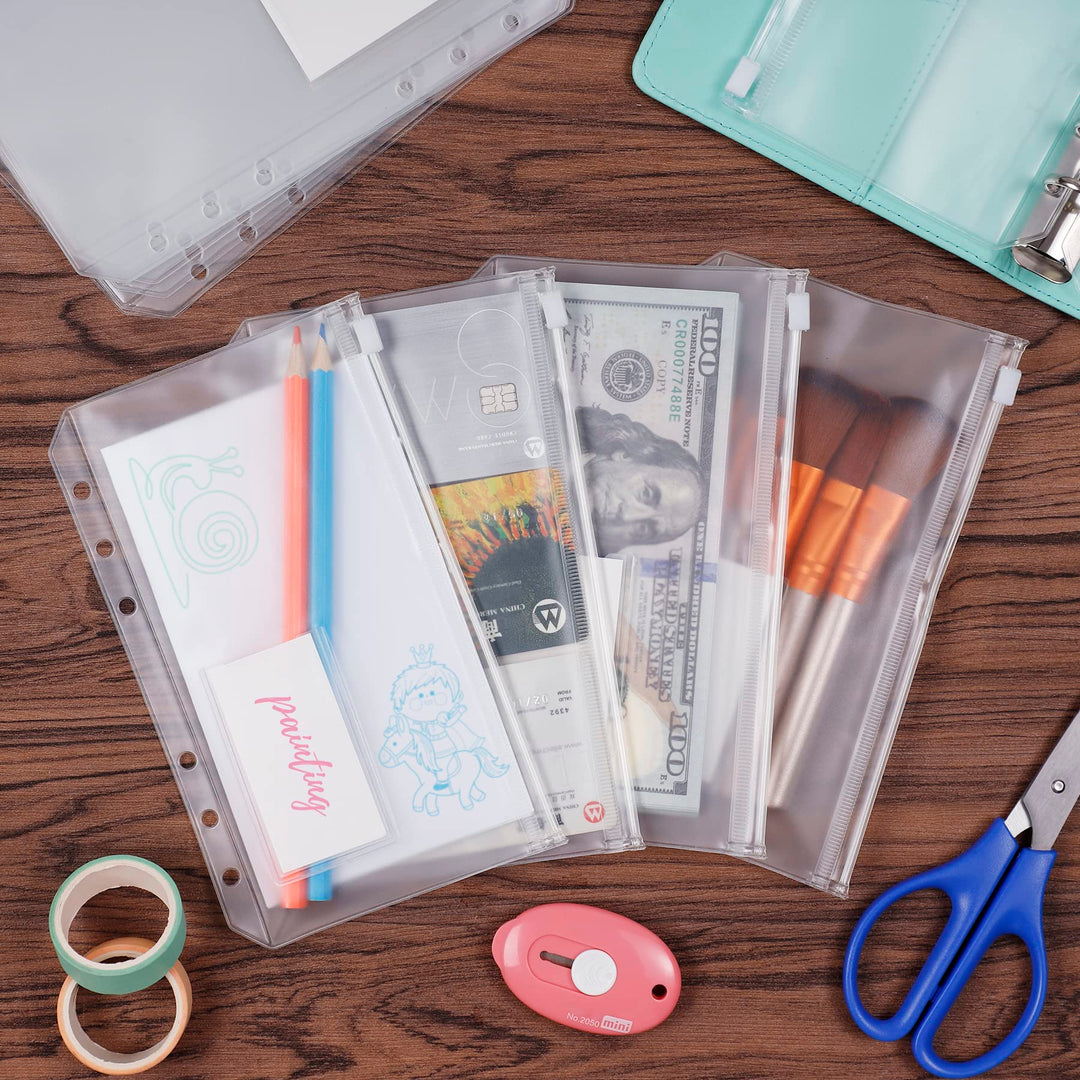 12PCS A6 Size Binder Pockets with Label Pocket, PVC Cash Envelopes for Budgeting, Clear 6-Holes Zipper Budget Envelopes for Cash Saving, Waterproof Binder Pouches for A6 6-Ring Notebook Binder