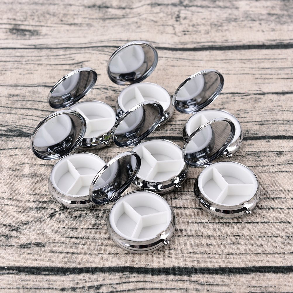 Pill Box Round Metal Pill Case Portable Mini Silver Medicine Drug Holder Container Organizer with 3 compartments for Travel Outdoor Use Pack of 2