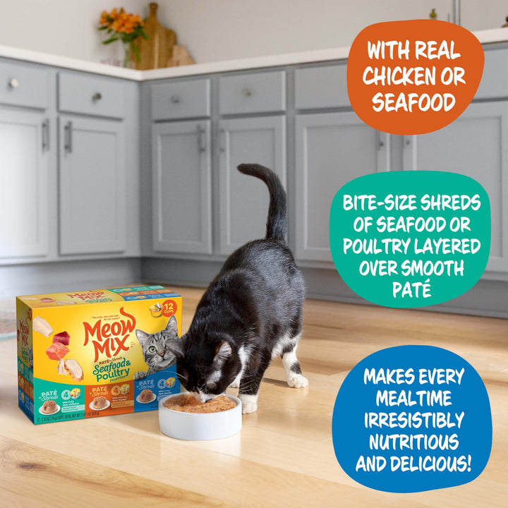 Paté & Shreds Wet Cat Food Variety Pack, Seafood & Poultry Favorites, 2.75 Ounce Cup (Pack of 12)