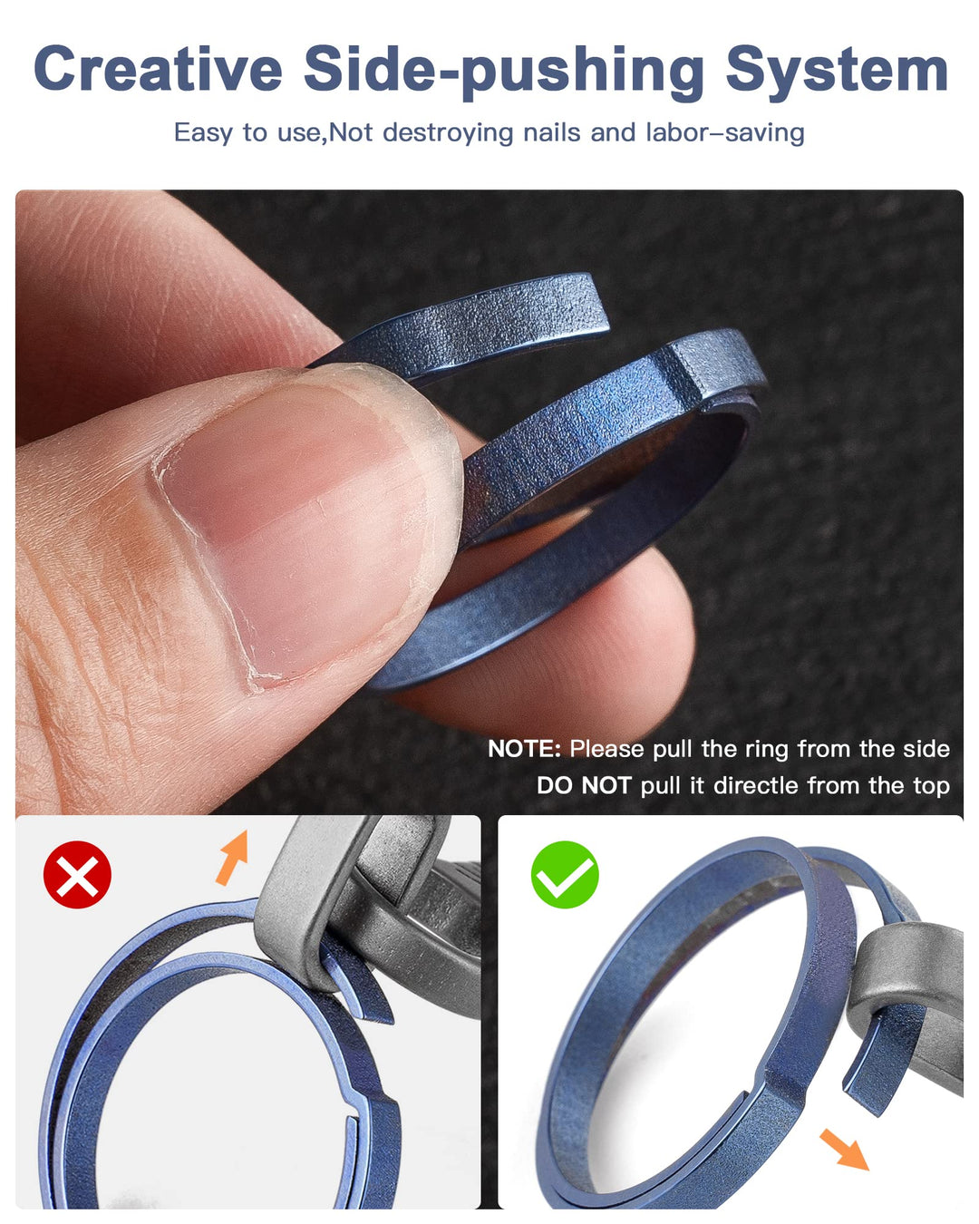 Titanium Key Ring,Elegant Quick Release Side Pushing Split Rings Kit-5Psc for Keychains,Heavy Duty Keyring for Dog Tag(Blue, K27+4K22)