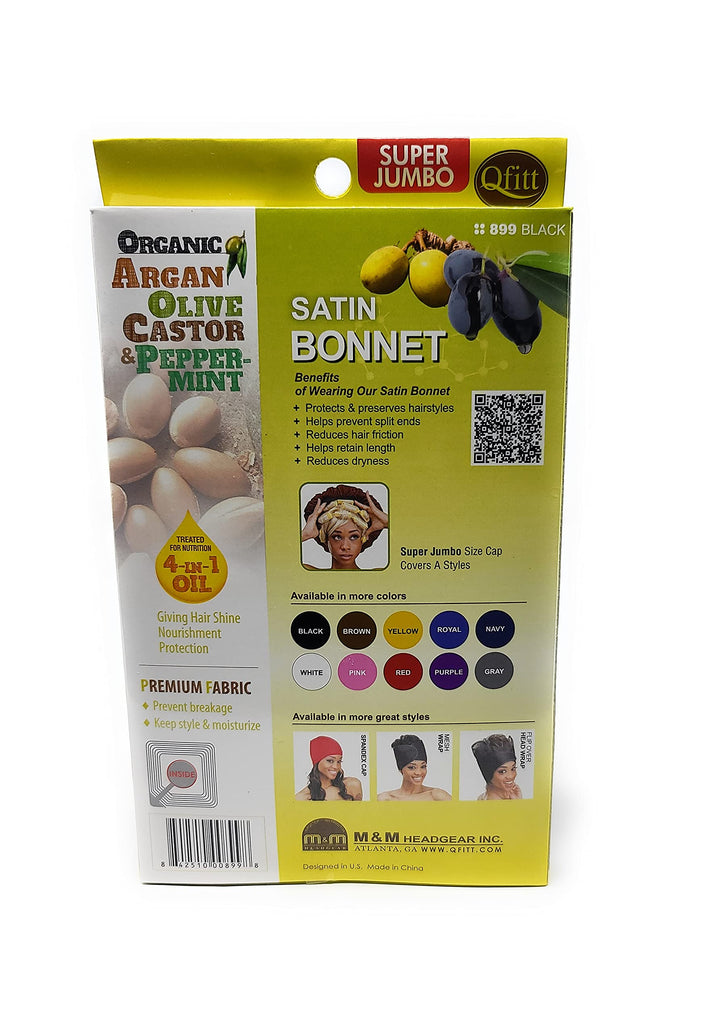 Organic Argan + Shea Butter Olive Oil Super Jumbo Satin Bonnet #899 Black