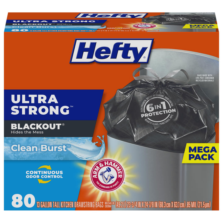 Ultra Strong 13 Gallon Trash Bags, Black Tall Kitchen Trash Bags 13 Gallon Size, Break Resistant Drawstring Enclosure, Continuous Odor Control, Blackout, Clean Burst Scent, 80 Bags