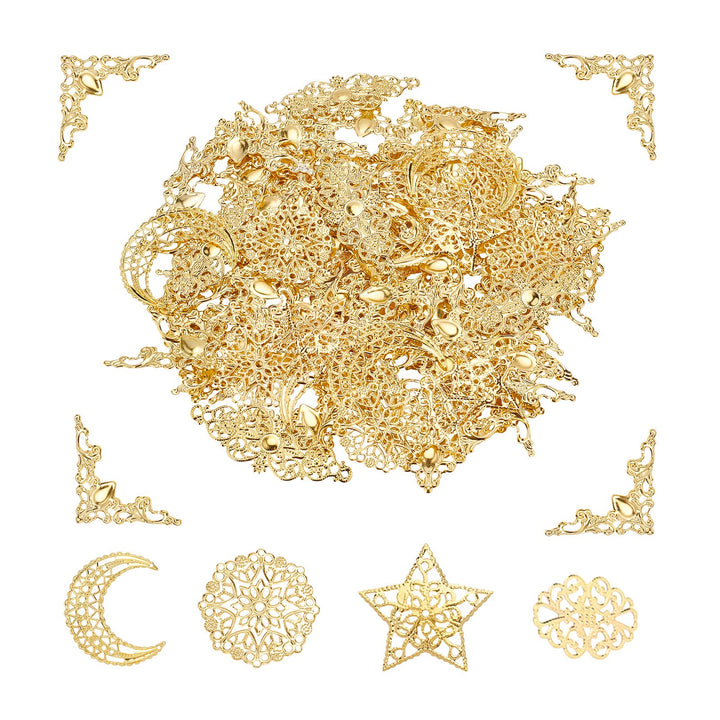 PandaHall 96pcs Iron Filigree Corner Embellishments Corner Protectors Hollow Triangle Wrap Connector with Filigree Pendant Connector Joiners Links Large Resin Fillers for Christmas Jewelry Making