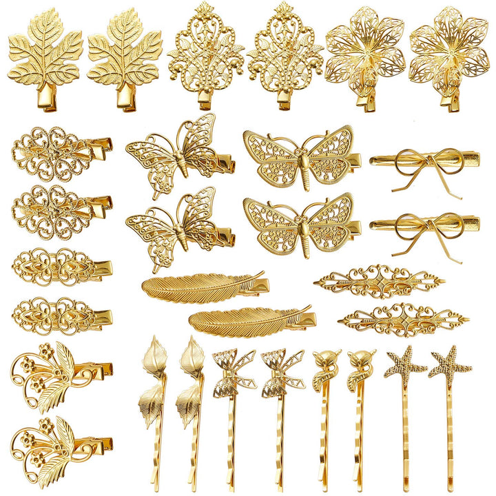 30 Pack/15 Pairs Gold Metal Alligator Hair Clips Barrettes Bobby Pins Leaf Flower Butterfly Decorative Accessories for Women Girls
