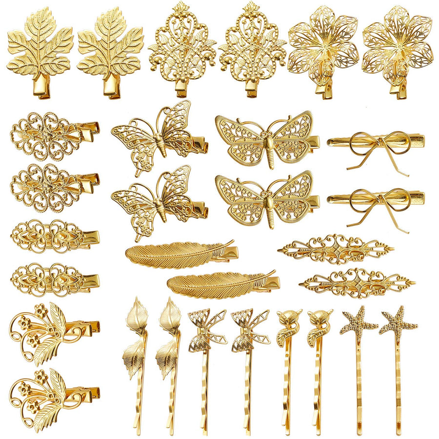 30 Pack/15 Pairs Gold Metal Alligator Hair Clips Barrettes Bobby Pins Leaf Flower Butterfly Decorative Accessories for Women Girls