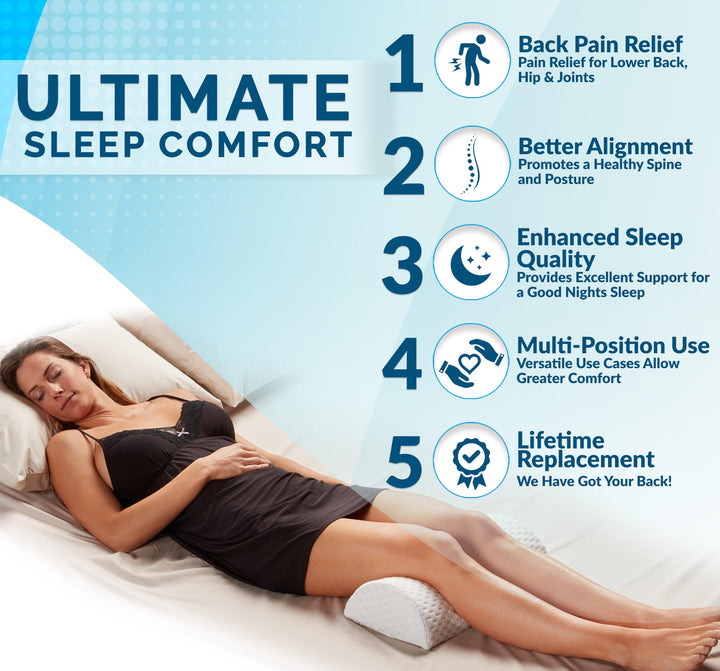 Knee Pillow for Back Sleeping – 100% Memory Foam Bolster Pillow for Legs – Under Knee Pillow for Sleeping on Back – Leg Pillow for Back & Hip Pain Relief for Side Sleepers – Half Moon Pillow