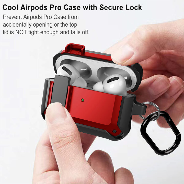 Airpods Pro Case Cover for Men Lock with Cleaner kit, Military Armor Series Full-Body AirPod Pro Case with Keychain Cool Air Pod Pro Shockproof Protective Case for AirPods Pro 2019, Black/Red