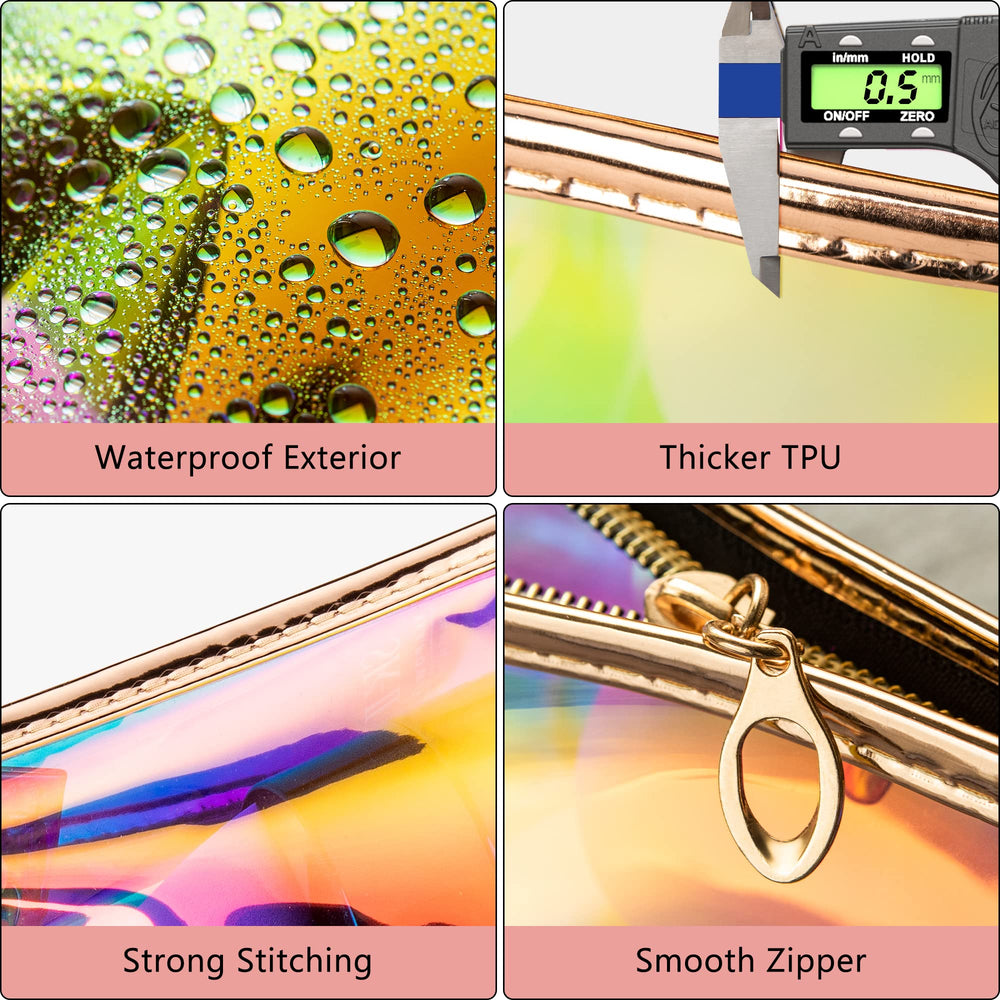 Holographic Iridescent Makeup Pouch | Portable Waterproof Cosmetic Bag Set for Women, Ladies & Bridesmaids | Clear Pouch for Travel, Toiletry | Large Clear Makeup Bags with Zipper