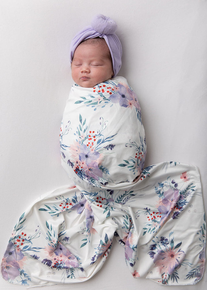 Newborn Receiving Blanket and Headband Beanie Set Flower Print Baby Swaddle Wrap Floral (Purple)