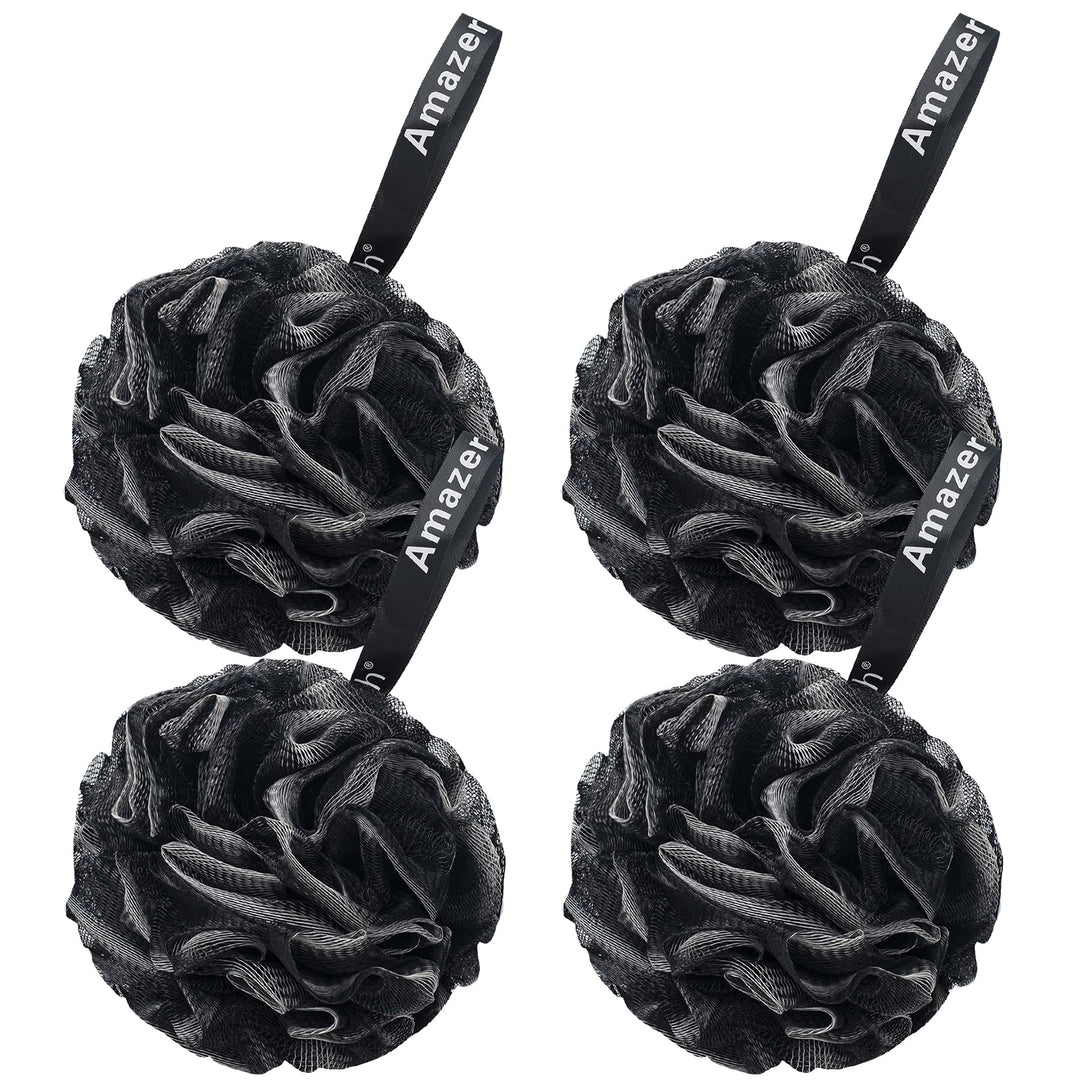 Shower Bath Sponge Shower Loofahs Balls 60g/PCS for Body Wash Bathroom Men and Women- Set of 4, Black