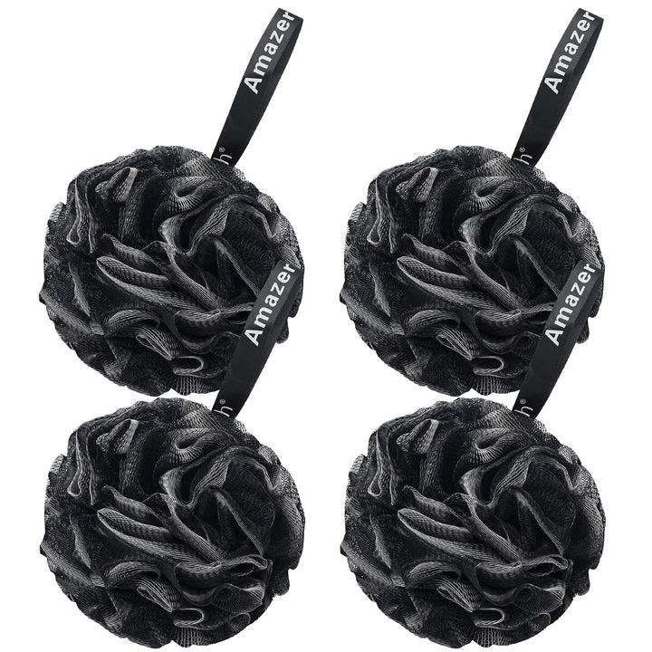 Shower Bath Sponge Shower Loofahs Balls 60g/PCS for Body Wash Bathroom Men and Women- Set of 4, Black