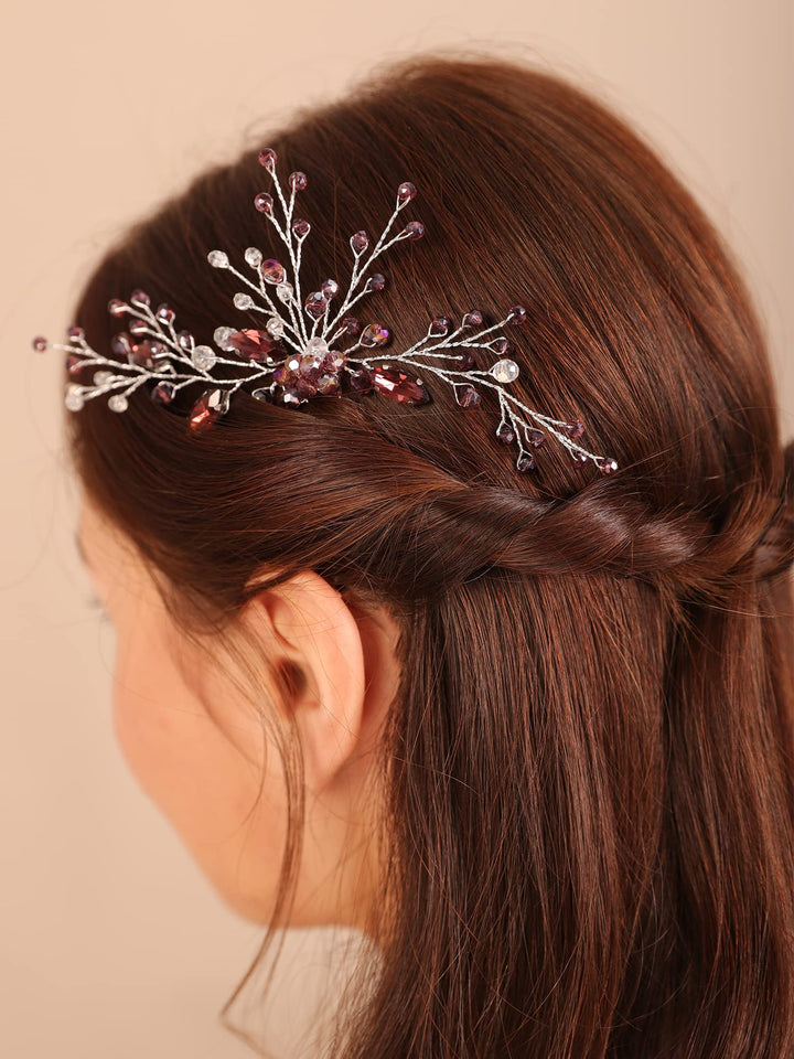 Purple Silver Hair Piece for Wedding Brides Women Bohemia Handmade Crystal Hair Accessory (Purple)