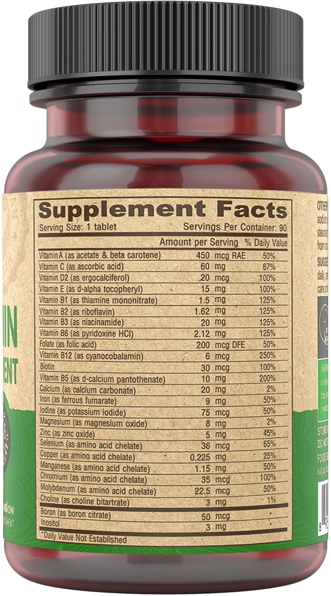 Vegan Multivitamin for Women & Men with Iron, Vitamin C, E, B Complex Vitamins, Zinc, 90 Tiny Tablets