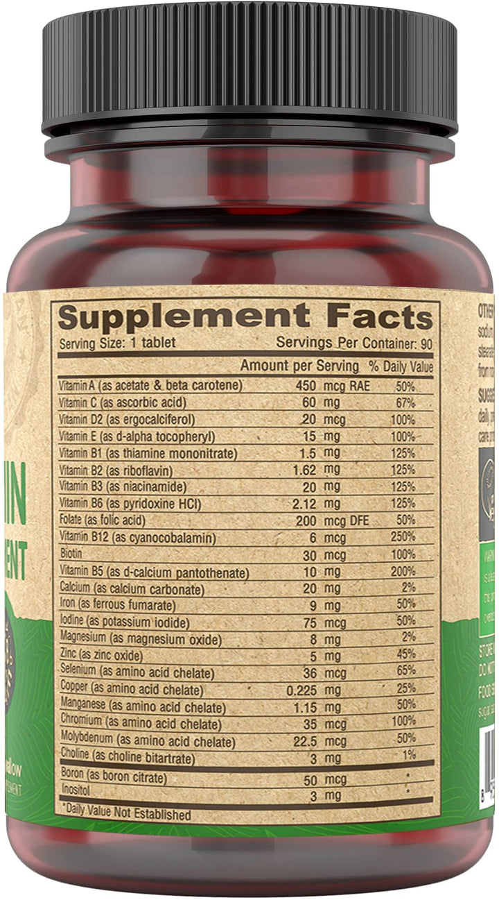 Vegan Multivitamin for Women & Men with Iron, Vitamin C, E, B Complex Vitamins, Zinc, 90 Tiny Tablets