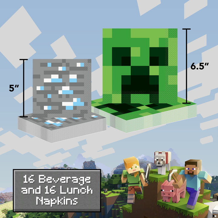 Minecraft Party Table Decorations Dinnerware Bundle - Officially Licensed Dinner and Dessert Paper Plates, Luncheon and Beverage Paper Napkins and Table Cover