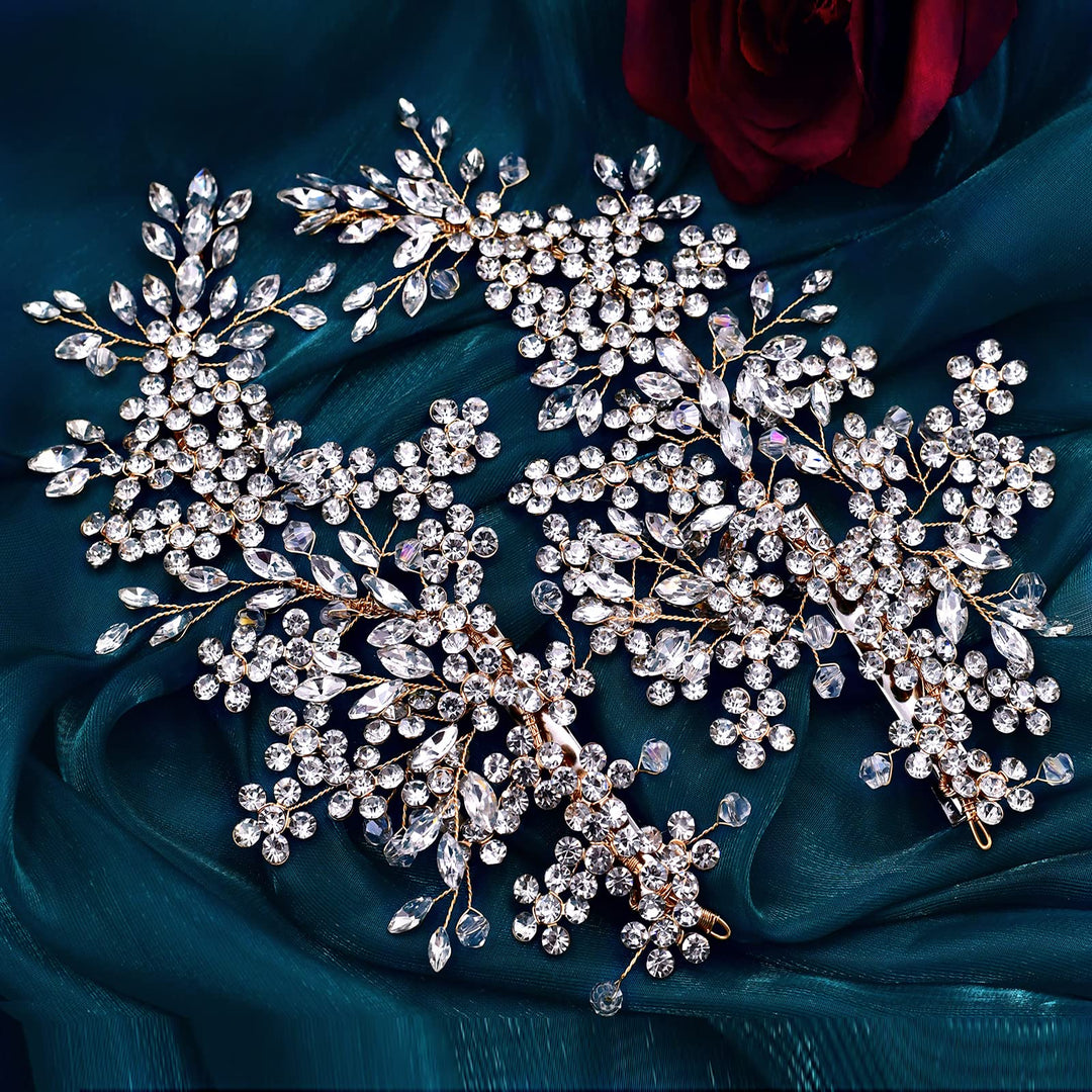 2 Pack Bride Wedding Headbands, Rhinestone Bridal Bridesmaid Hair Clips Accessories, Flower Girls Headpieces for Women (Gold)