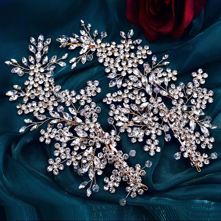 2 Pack Bride Wedding Headbands, Rhinestone Bridal Bridesmaid Hair Clips Accessories, Flower Girls Headpieces for Women (Gold)