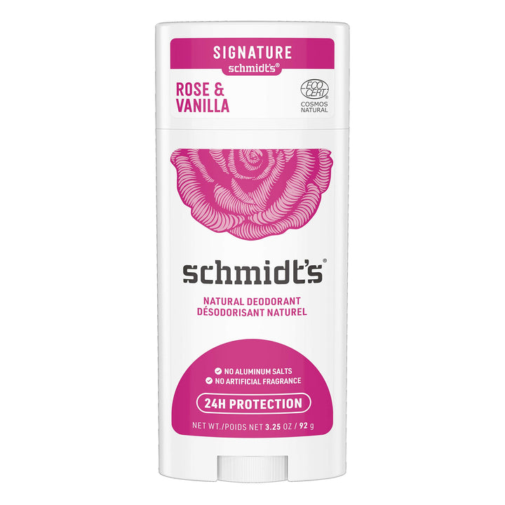 Schmidt's Aluminum Free Natural Deodorant for Women and Men, Rose & Vanilla with 24 Hour Odor Protection, Certified Natural, Vegan, Cruelty Free 3.25 oz
