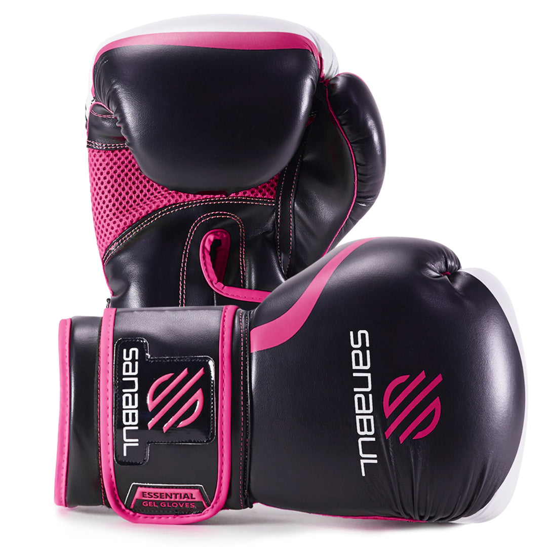 Essential Gel Boxing Gloves Kickboxing Gloves for Men & Women Boxing Training & Sparring Gloves Muay Thai and Heavy Bag Training - Black/Pink, 8 oz