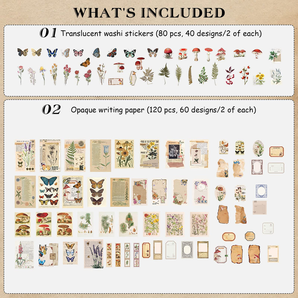 200pcs Vintage Journaling Supplies Kit, Journaling Stickers with Blue Washi Tape for Kids Teens Adults Scrapbook Aesthetic Bullet Journals Kit Craft Collage Embellishments Planners Notebook(Nature)