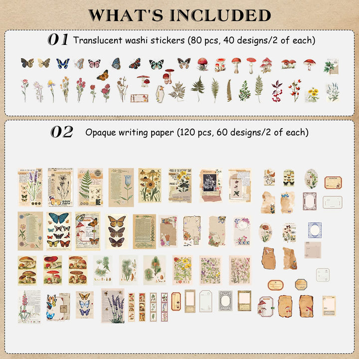 200pcs Vintage Journaling Supplies Kit, Journaling Stickers with Blue Washi Tape for Kids Teens Adults Scrapbook Aesthetic Bullet Journals Kit Craft Collage Embellishments Planners Notebook(Nature)