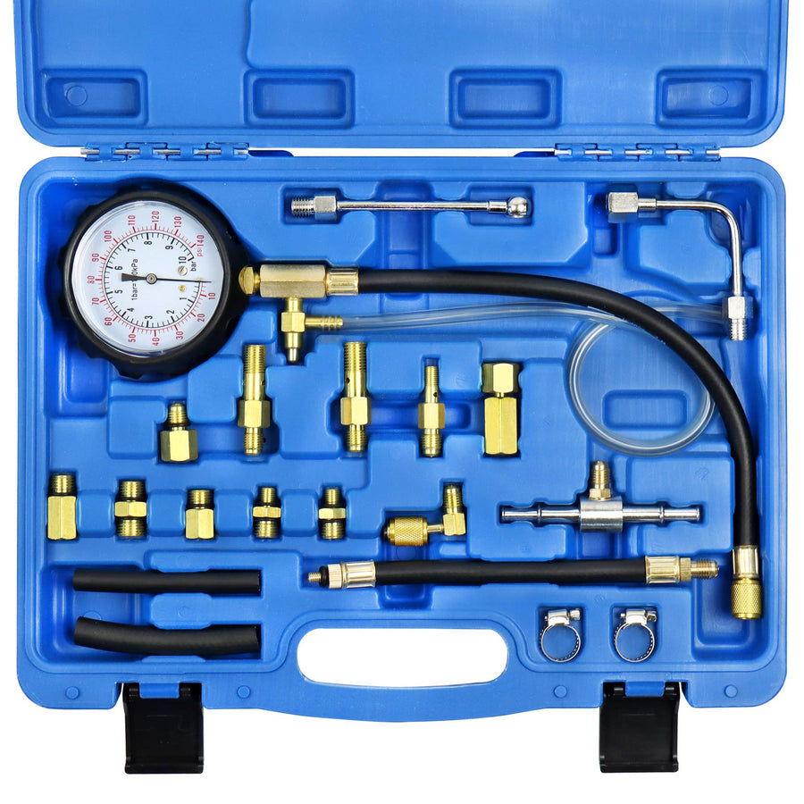 Fuel Pressure Tester Gauge Kit 140PSI Automotive Engine Injector Pump Test Gasoline Gas Injection Manometer Tool Set with Inline Fitting Schrader Adapter for Auto Car Motorcycle (Blue Case)