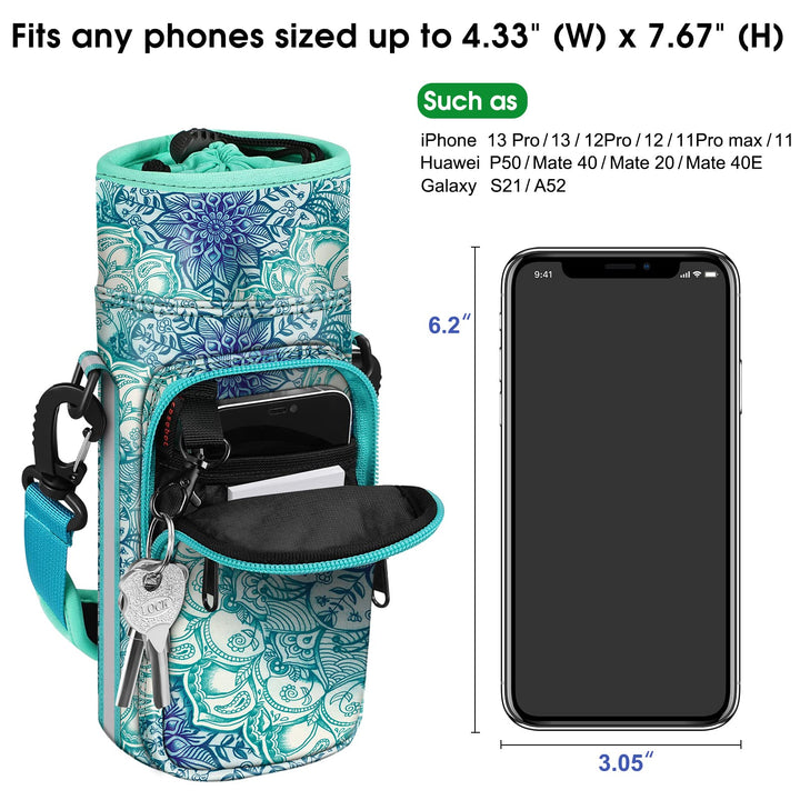 Water Bottle Carrier Bag Sling Case, Sports Water Bottle Pouch Holder Sleeve with Adjustable Shoulder Hand Strap and 2 Pockets for Men Women Hiking Camping Travelling