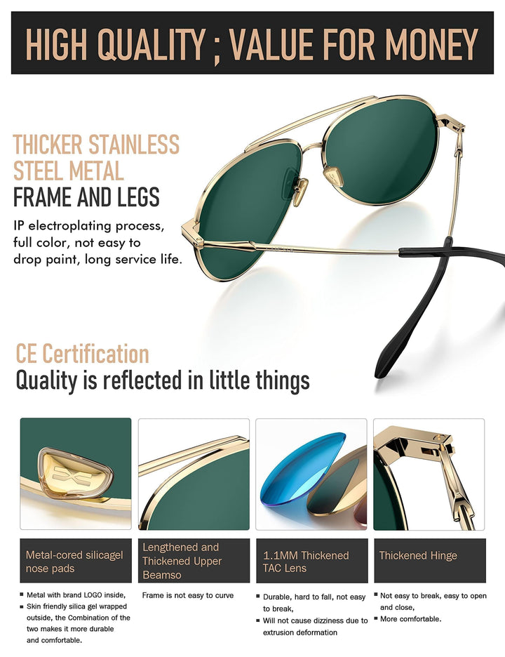 Men Women Aviator Sunglasses Polarized - UV 400 Protection Black Non Mirror Lens Metal Frame with Accessories 60mm