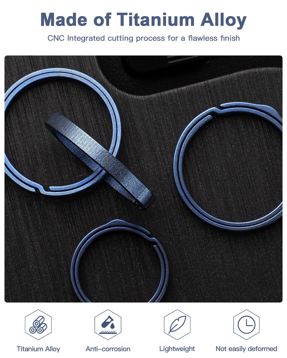 Titanium Key Ring,Elegant Quick Release Side Pushing Split Rings Kit-5Psc for Keychains,Heavy Duty Keyring for Dog Tag(Blue, K27+4K22)