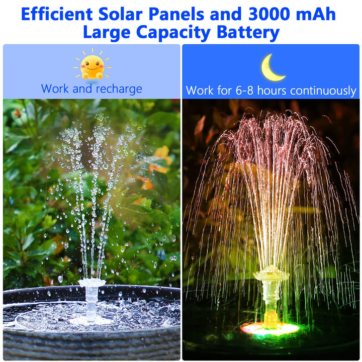 5.5W LED Solar Fountain Pump with LED Light, New Upgraded 3000mAh Storage Battery with 16 Nozzles Solar Bird Bath Fountains for Garden, Bird Bath, Pond, Swimming Pool