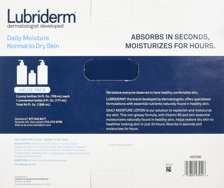 Lubriderm Daily Moisture Lotion Value Pack 2/24oz + 1/6oz = Total of 54 Oz.