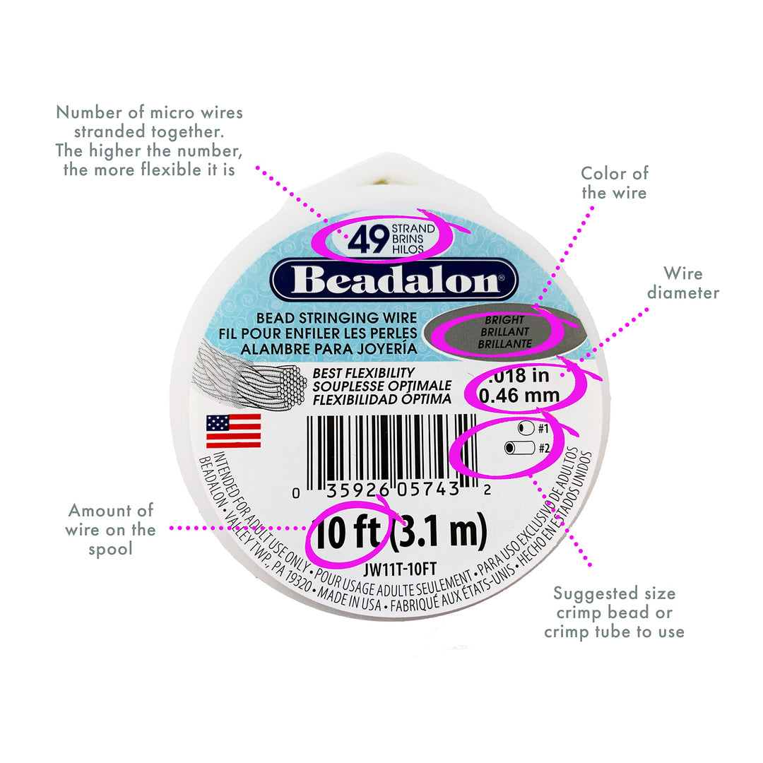 49 Strand Stainless Steel Bead Stringing Wire, .018 in / 0.46 mm, White, 30 ft / 9.2 m