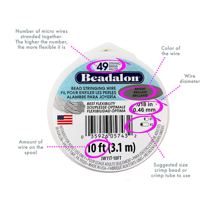 49 Strand Stainless Steel Bead Stringing Wire, .018 in / 0.46 mm, White, 30 ft / 9.2 m